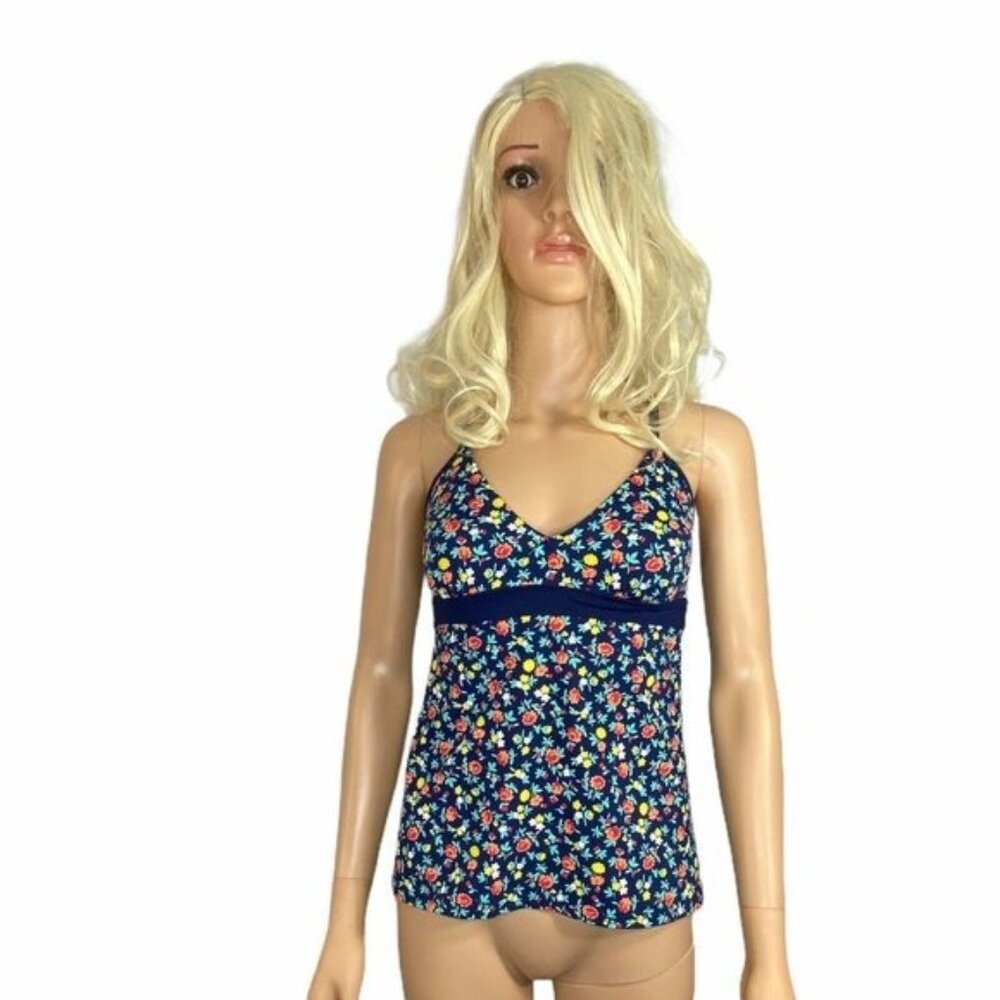 Lands End Size 8 Swim Tankini Top Wirefree Floral navy Blue